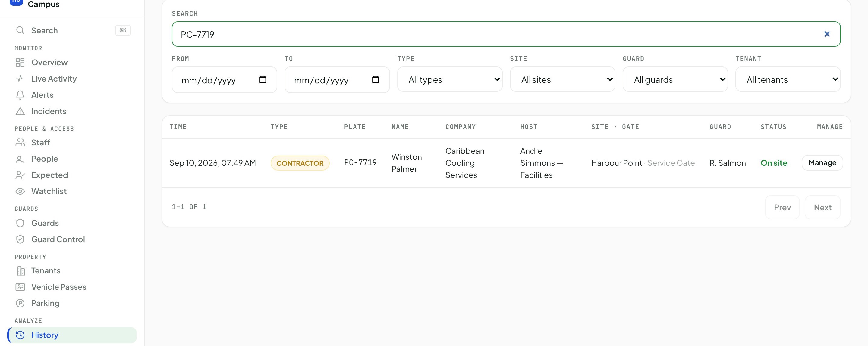 The GateLog History screen filtered to plate PC-7719, returning one entry: Sep 10 2026 07:49 AM, contractor Winston Palmer of Caribbean Cooling Services, host Andre Simmons in Facilities, Harbour Point Service Gate, guard R. Salmon, status on site — with an Export CSV button.