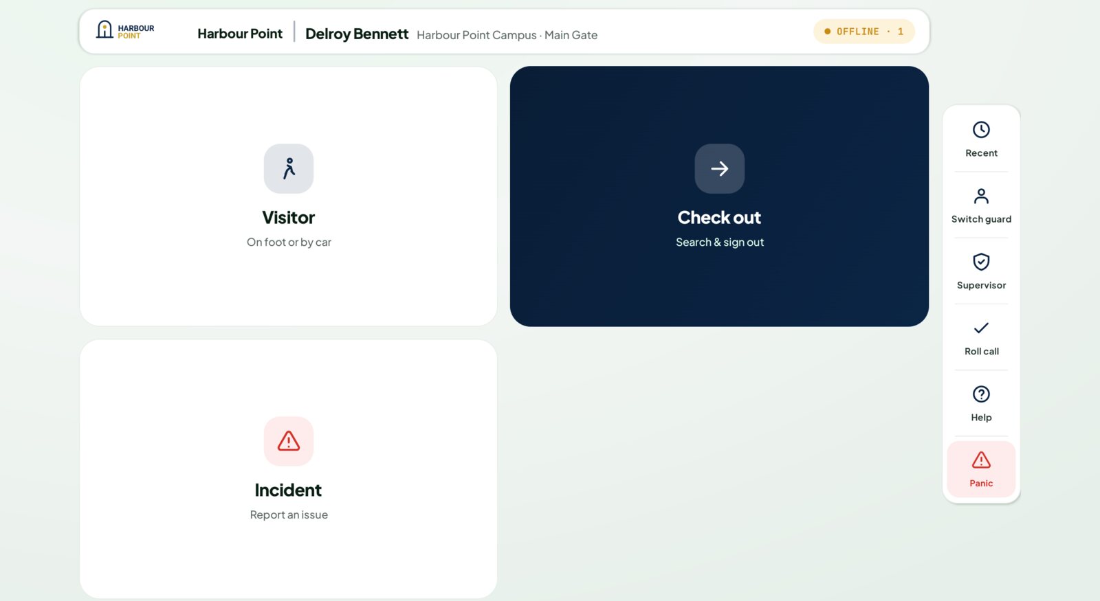 The GateLog tablet home screen at Harbour Point Business Campus, branded Harbour Point, showing Visitor, Check out and Incident tiles with Recent, Switch guard, Supervisor, Roll call, Help and Panic down the side.